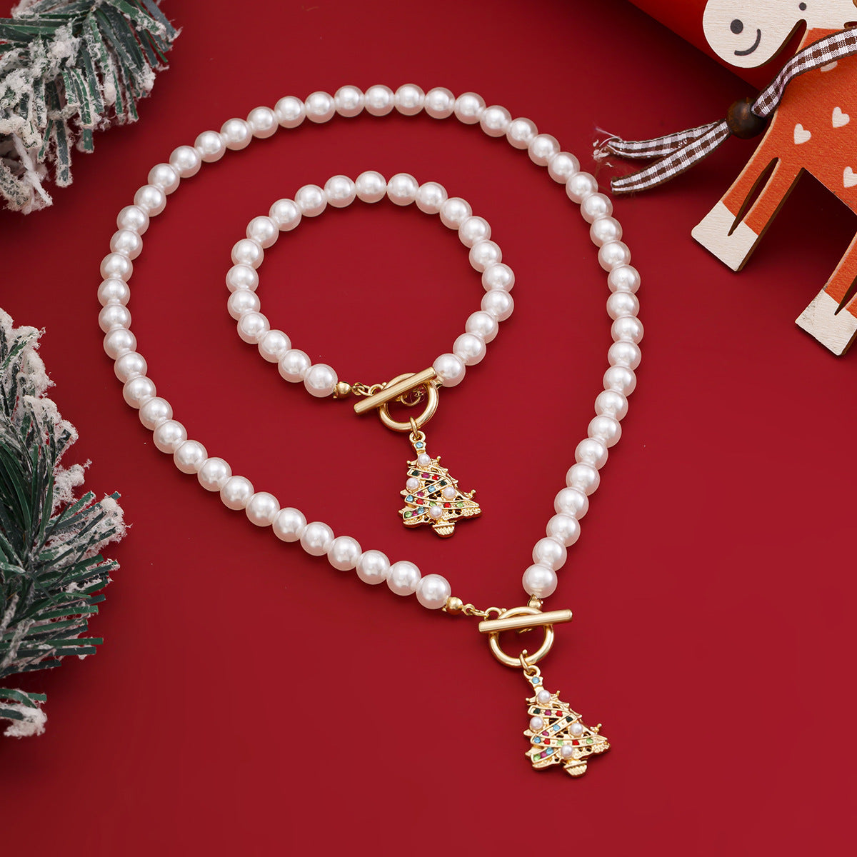 IDHERE 2PCS Christmas Tree Women Pearls Jewelry Necklace Bracelet Set