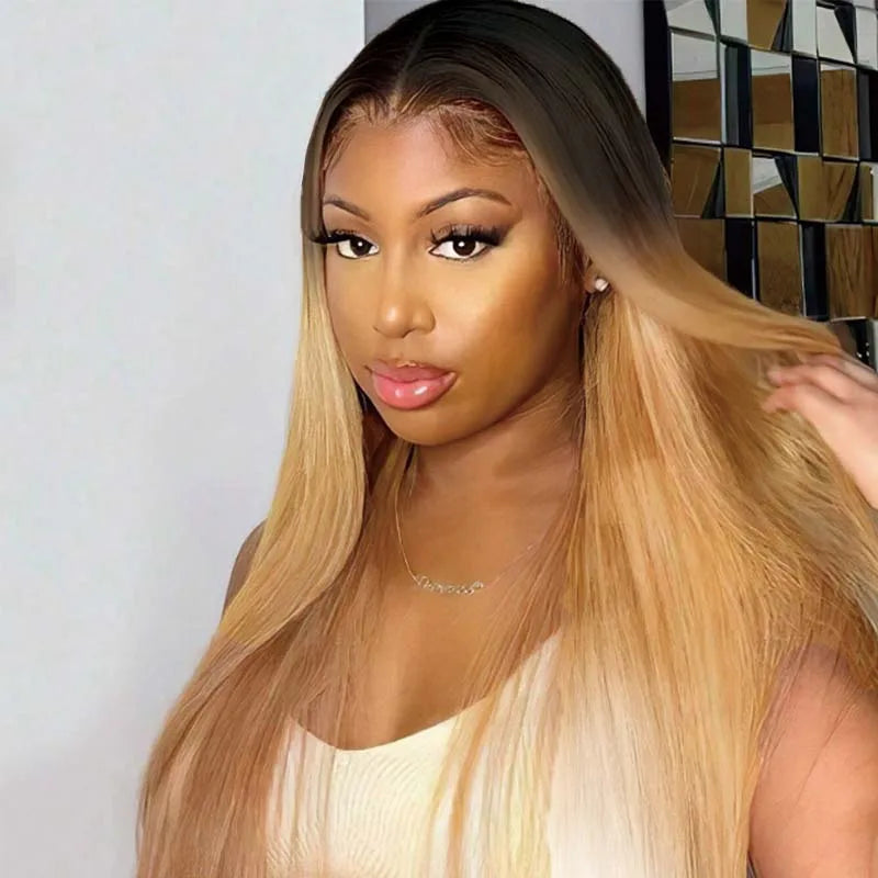 IDHERE Highlight Ombre 13x6 Straight Human Hair Wig 1B/27 Honey Blonde Lace Front Wigs