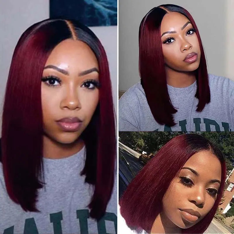 IDHERE 1B/99J Color Short Bob Wig 13X4 Pre Plucked Bone Straight Ombre Burgundy Lace Front Human Hair Wigs
