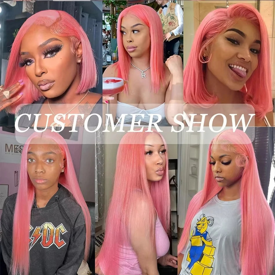IDHERE 13X4 Pink Color Wigs Natural Red Pink Long Bone Straight Lace Front Wig Human Hair