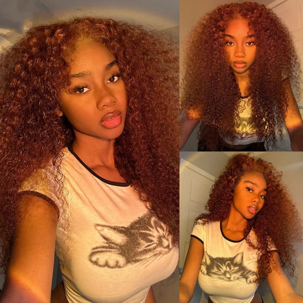 IDHERE 13x4 Lace Frontal Wig Jerry Curly Reddish Brown Color Human Hair Wigs Pre Plucked