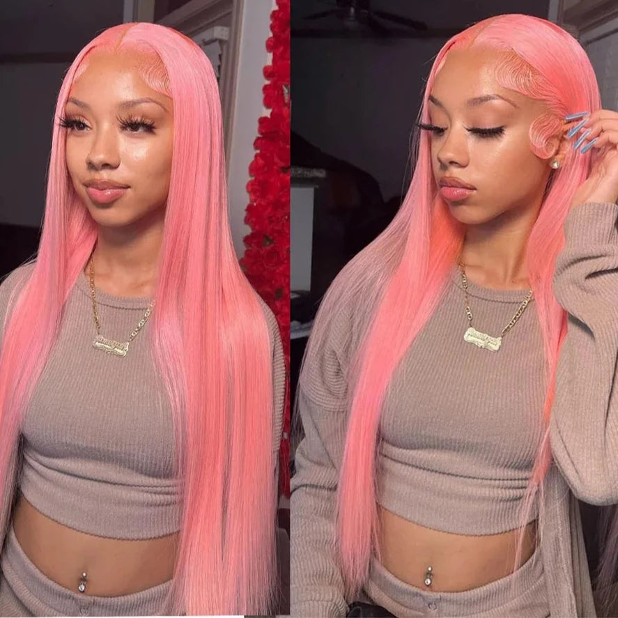 IDHERE 13X4 Pink Color Wigs Natural Red Pink Long Bone Straight Lace Front Wig Human Hair