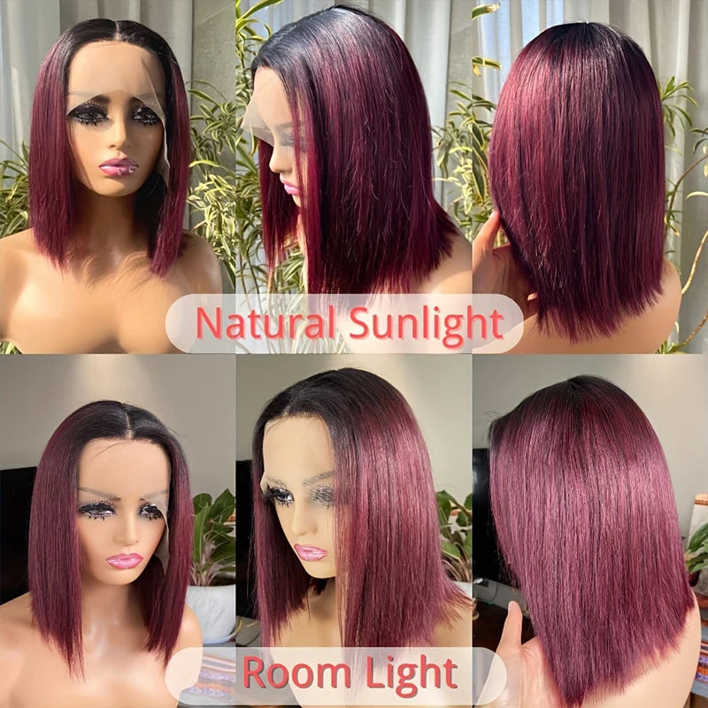 IDHERE 1B/99J Color Short Bob Wig 13X4 Pre Plucked Bone Straight Ombre Burgundy Lace Front Human Hair Wigs