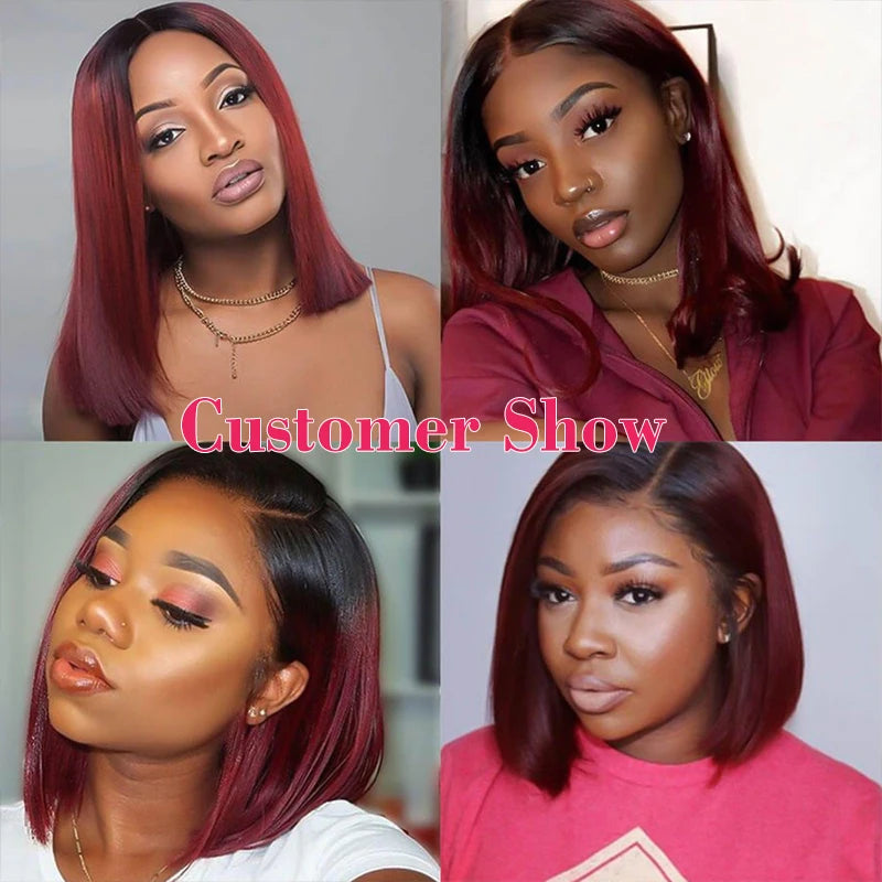 IDHERE 1B/99J Color Short Bob Wig 13X4 Pre Plucked Bone Straight Ombre Burgundy Lace Front Human Hair Wigs