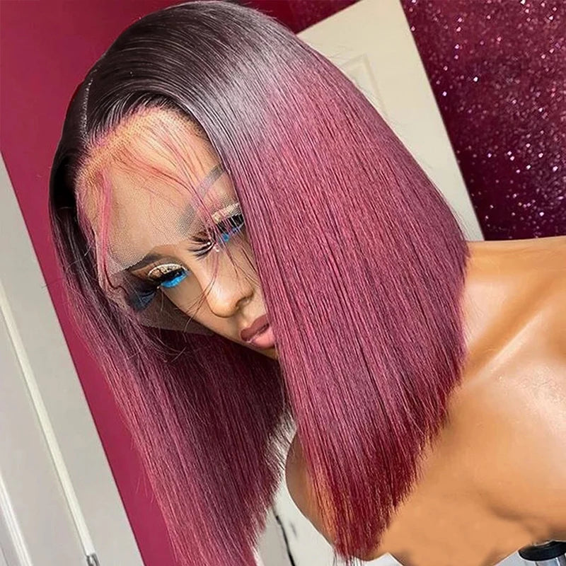 IDHERE 1B/99J Color Short Bob Wig 13X4 Pre Plucked Bone Straight Ombre Burgundy Lace Front Human Hair Wigs