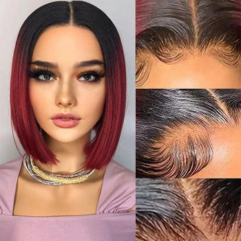 IDHERE 1B/99J Color Short Bob Wig 13X4 Pre Plucked Bone Straight Ombre Burgundy Lace Front Human Hair Wigs