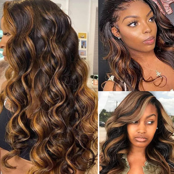 IDHERE Ombre Lace Front Wig Human Hair 1B/30 Body Wave Highlight 13x4 Ombre Brown Lace Wigs