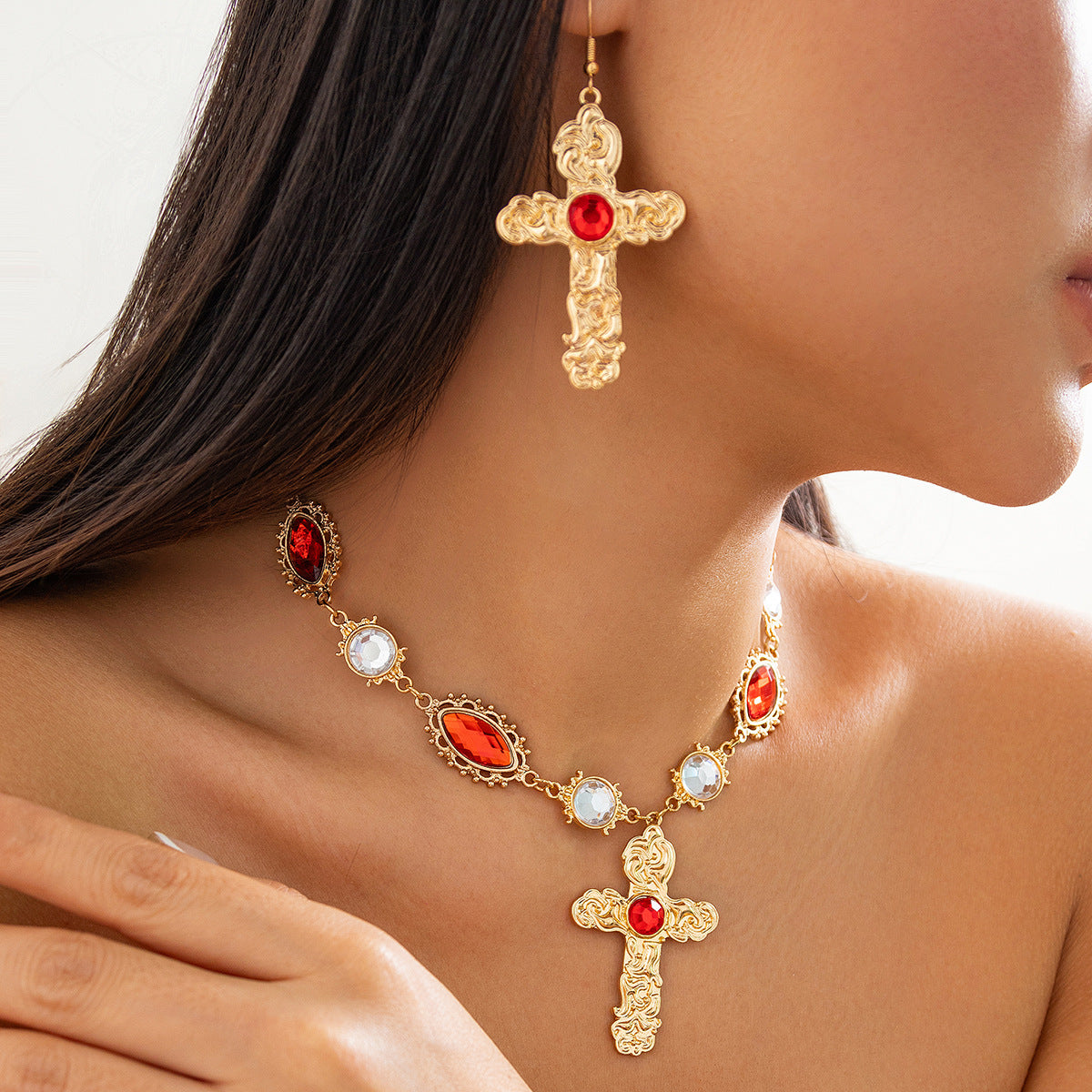 IDHERE 2PCS Light Luxury Ruby Cross Necklace Earrings with Diamonds