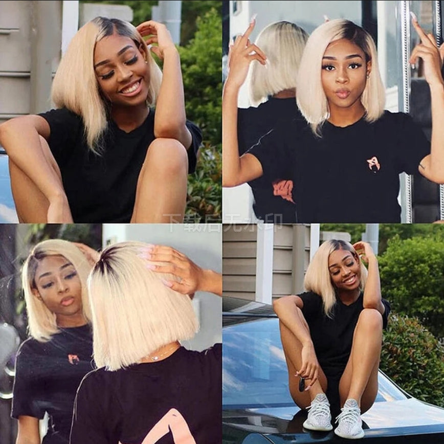IDHERE Blonde Bob Closure Wig Pre Plucked Straight Dark Roots Honey Blonde 1B 613 Short Bob Wigs