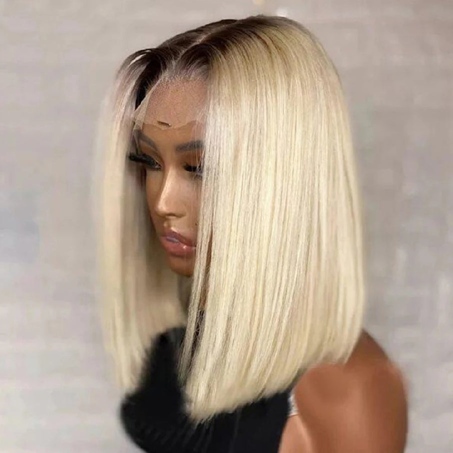 IDHERE Blonde Bob Closure Wig Pre Plucked Straight Dark Roots Honey Blonde 1B 613 Short Bob Wigs