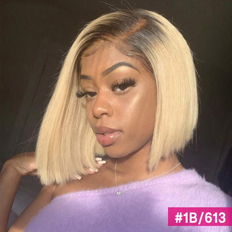 IDHERE Blonde Bob Closure Wig Pre Plucked Straight Dark Roots Honey Blonde 1B 613 Short Bob Wigs