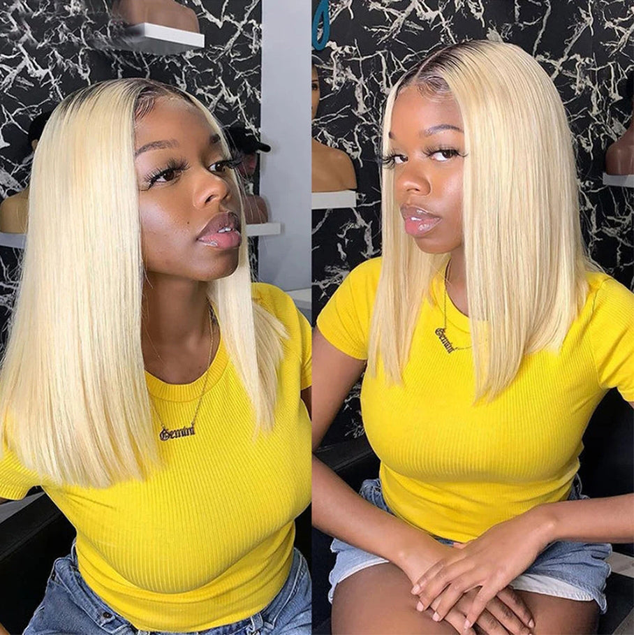 IDHERE Blonde Bob Closure Wig Pre Plucked Straight Dark Roots Honey Blonde 1B 613 Short Bob Wigs