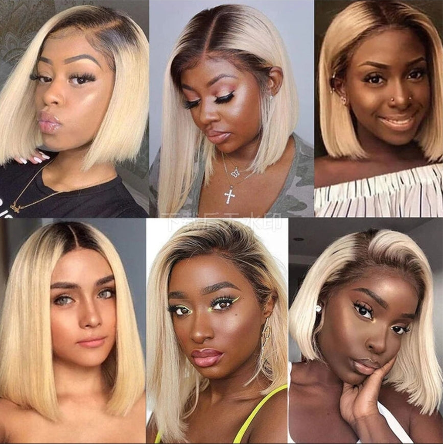 IDHERE Blonde Bob Closure Wig Pre Plucked Straight Dark Roots Honey Blonde 1B 613 Short Bob Wigs