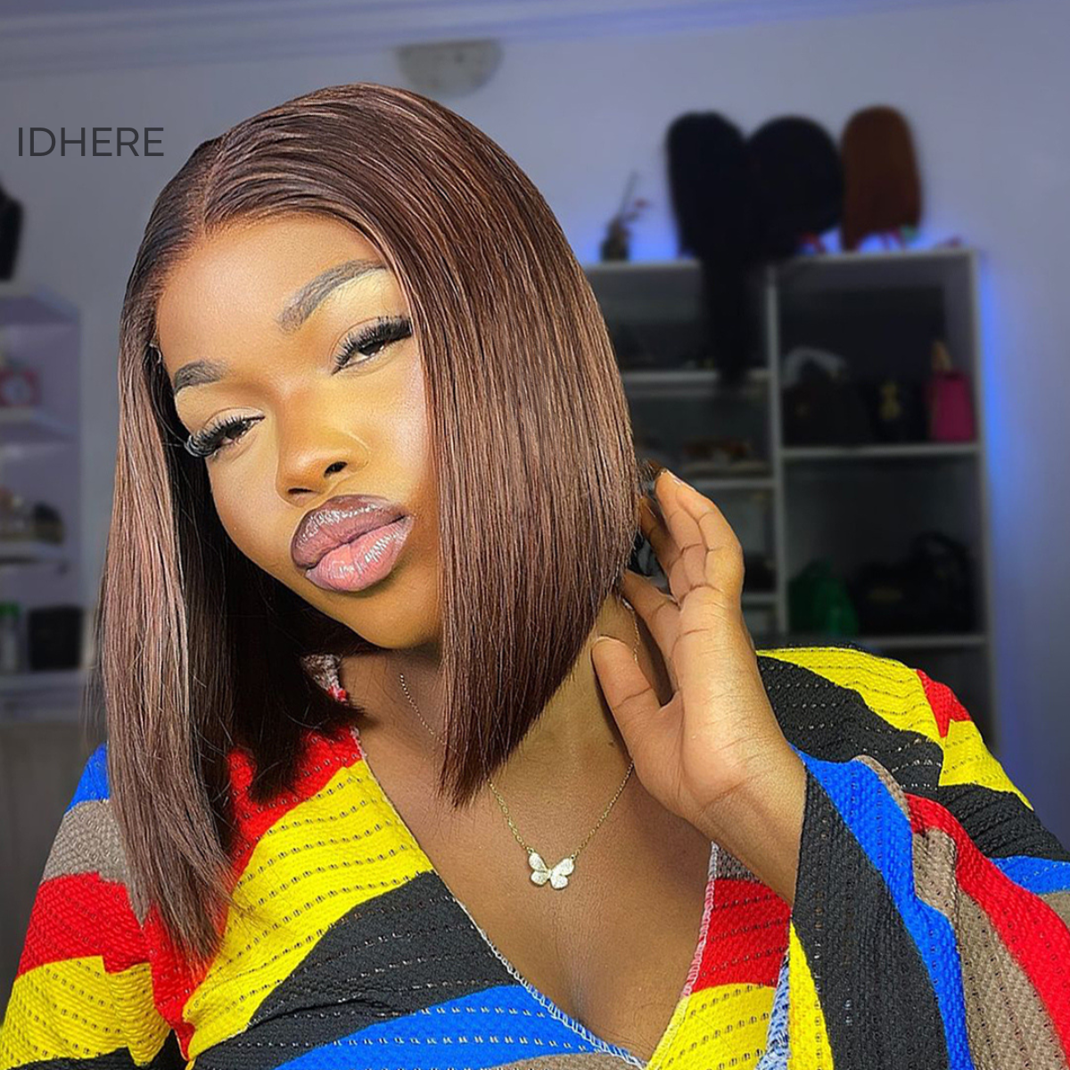 IDHERE One Cut Bone Hair Bob Wig Human Hair 4x4 HD Lace Closure Wig 100% Unprocessed Virgin Human Hair #4 Lace Front Bob Wigs