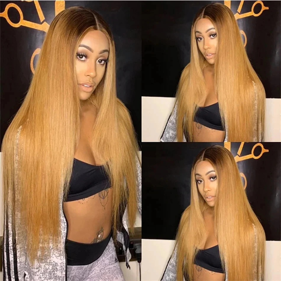 IDHERE Highlight Ombre 13x6 Straight Human Hair Wig 1B/27 Honey Blonde Lace Front Wigs