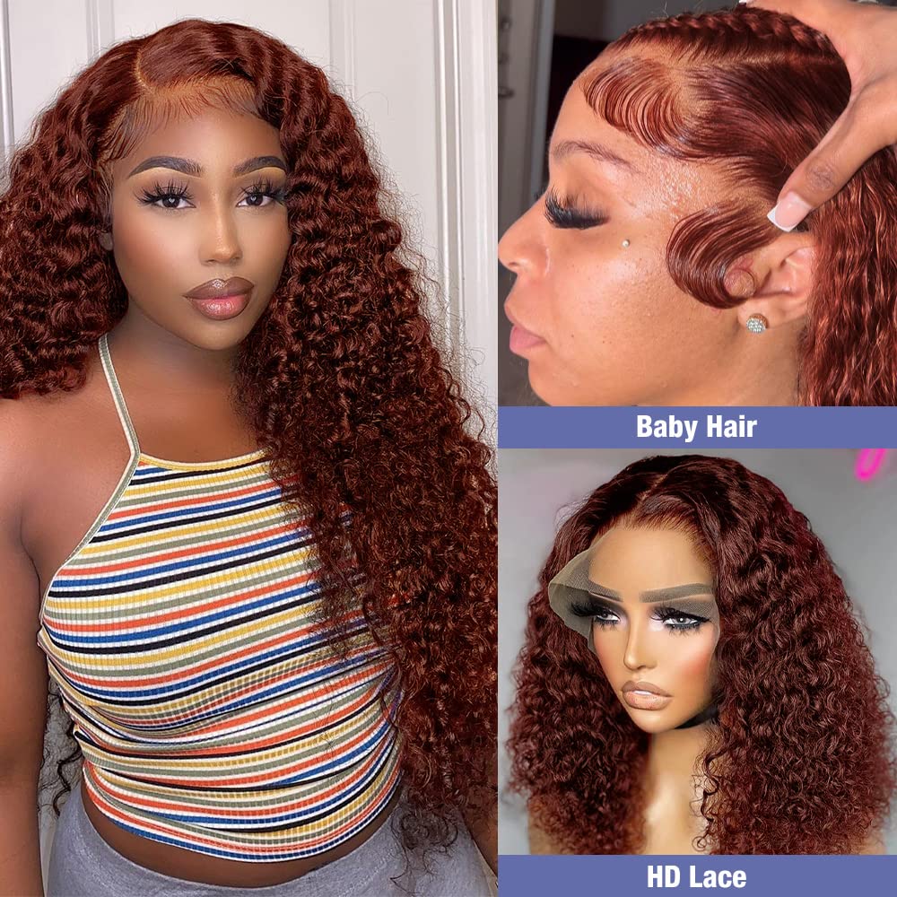 IDHERE Reddish Brown Wig Human Hair 13x4/13x6 Curly Wig 33# Color Auburn Deep Wave Human Hair Wigs