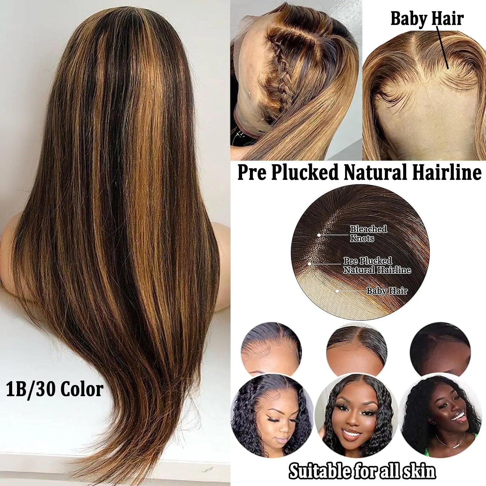 IDHERE Ombre Lace Front Wig Human Hair 1B/30 Straight Highlight 13x6 Ombre Brown Lace Wigs