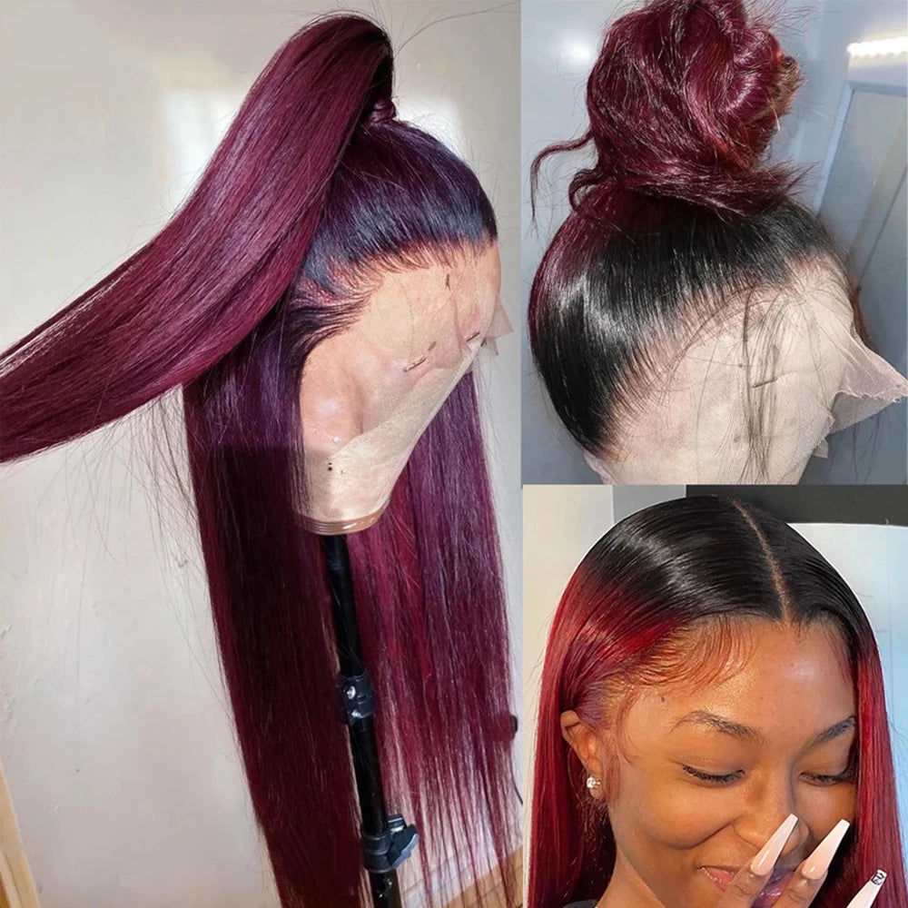 IDHERE Highlight Ombre 13x6 Straight Human Hair Wig 1B/99J Honey Blonde Lace Front Wigs