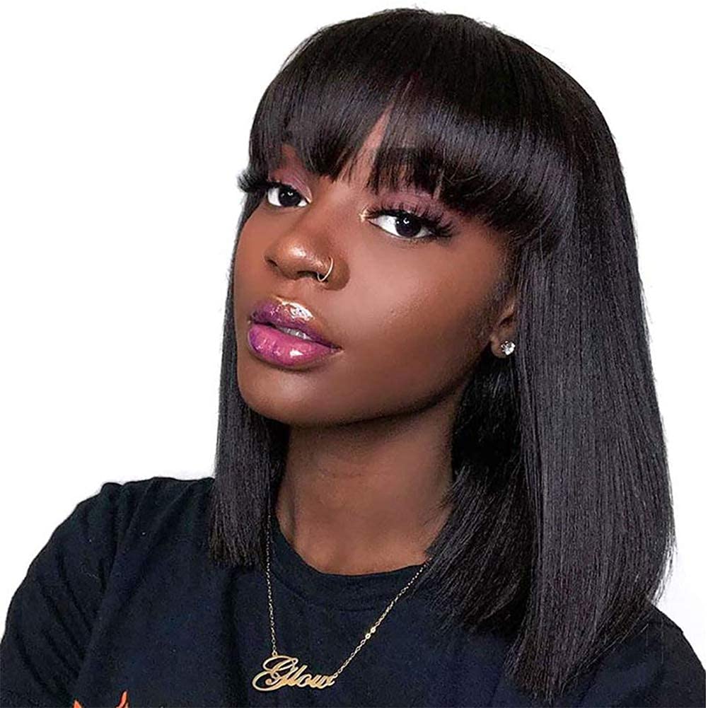 IDHERE Short Bob Human Hair Wigs with Bangs None Lace Front Wigs Straight Hair Machine Made Bob Wig