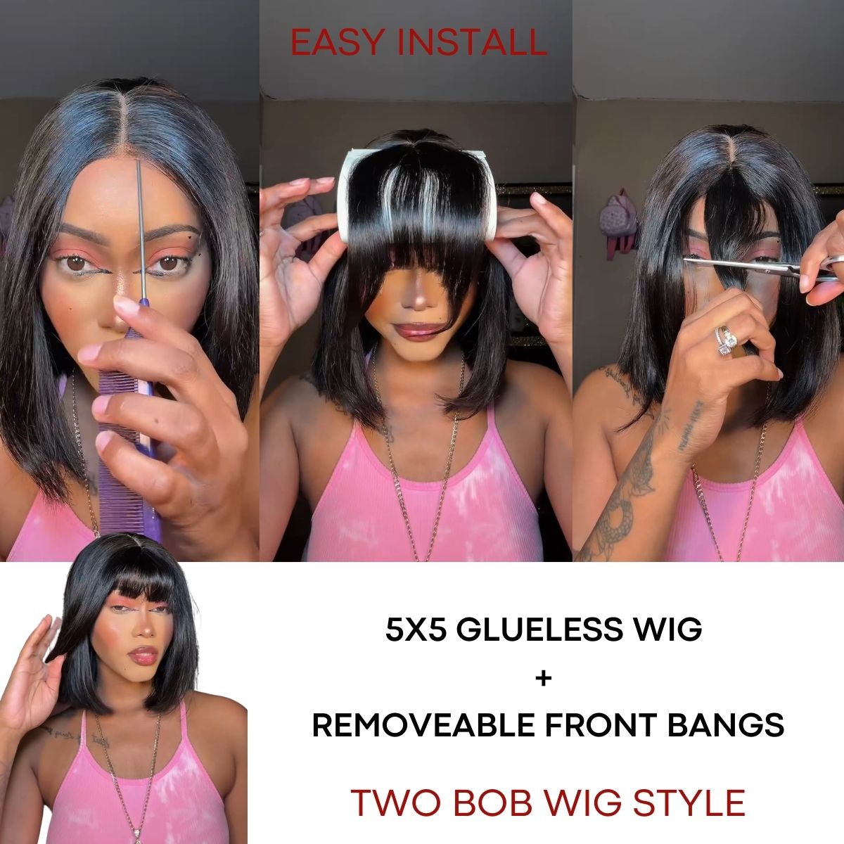 IDHERE 12A Bone Hair Series Bob Wig Series 5X5 Lace Glueless Bob Wig with Removable Front Bangs Human Hair for Black Women