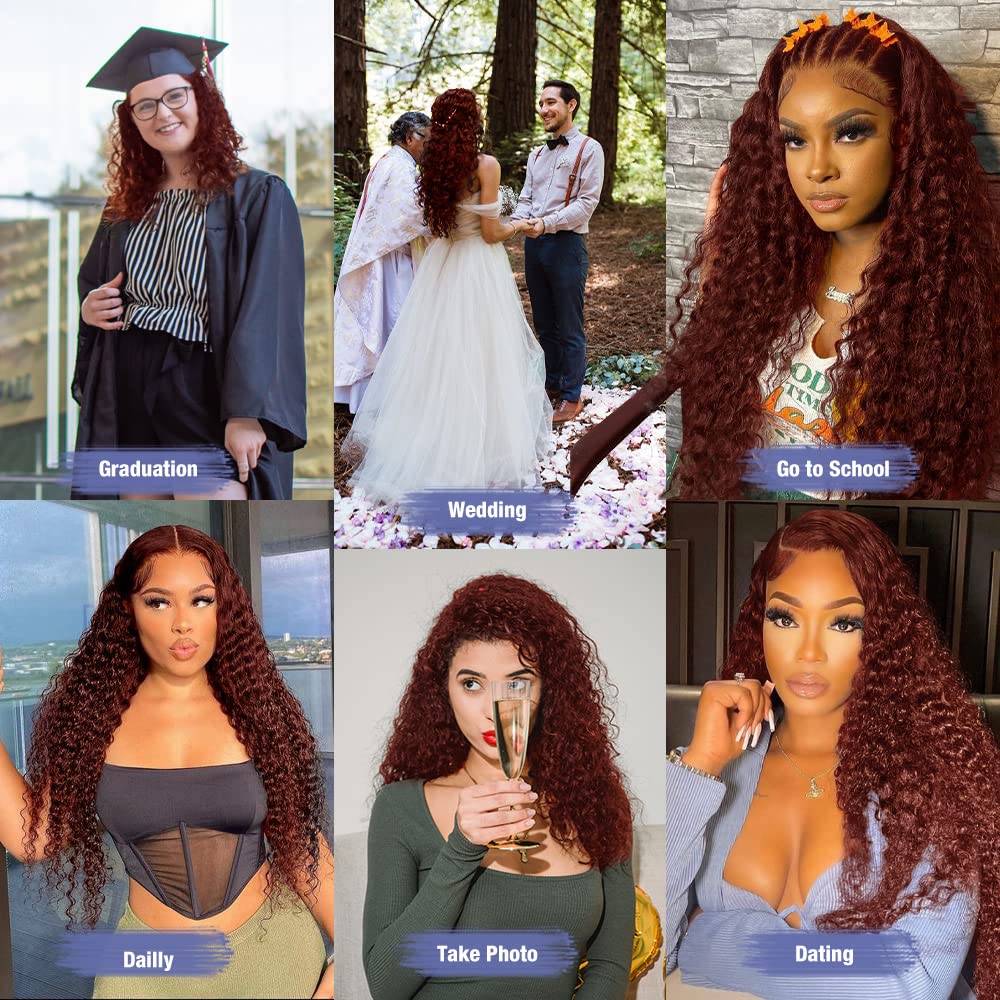 IDHERE Reddish Brown Wig Human Hair 13x4/13x6 Curly Wig 33# Color Auburn Deep Wave Human Hair Wigs