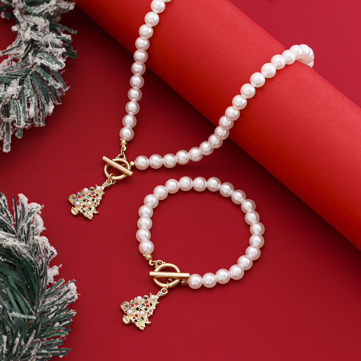 IDHERE 2PCS Christmas Tree Women Pearls Jewelry Necklace Bracelet Set