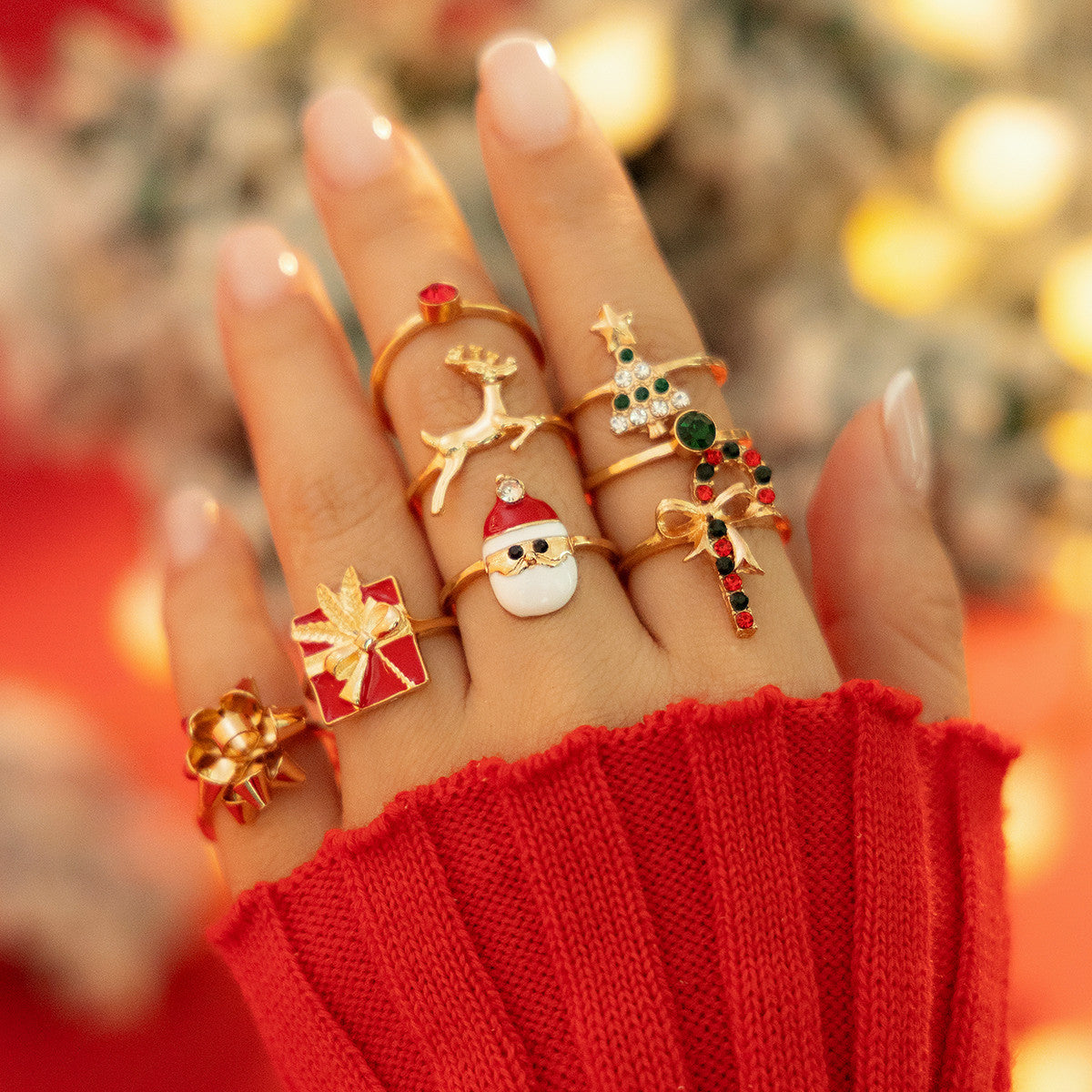 IDHERE 8PCS Women Christmas Candy Elk Ring Set Creative Holiday Gift