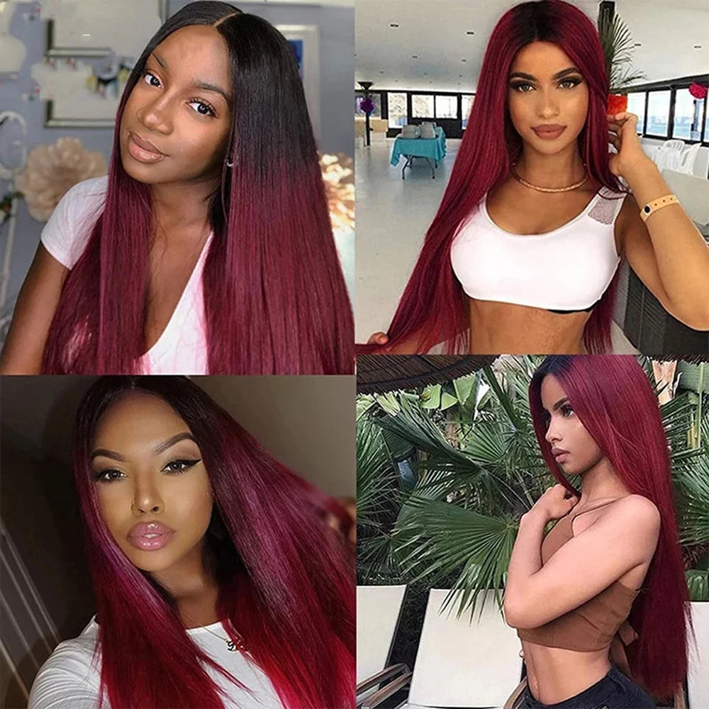 IDHERE Highlight Ombre 13x6 Straight Human Hair Wig 1B/99J Honey Blonde Lace Front Wigs