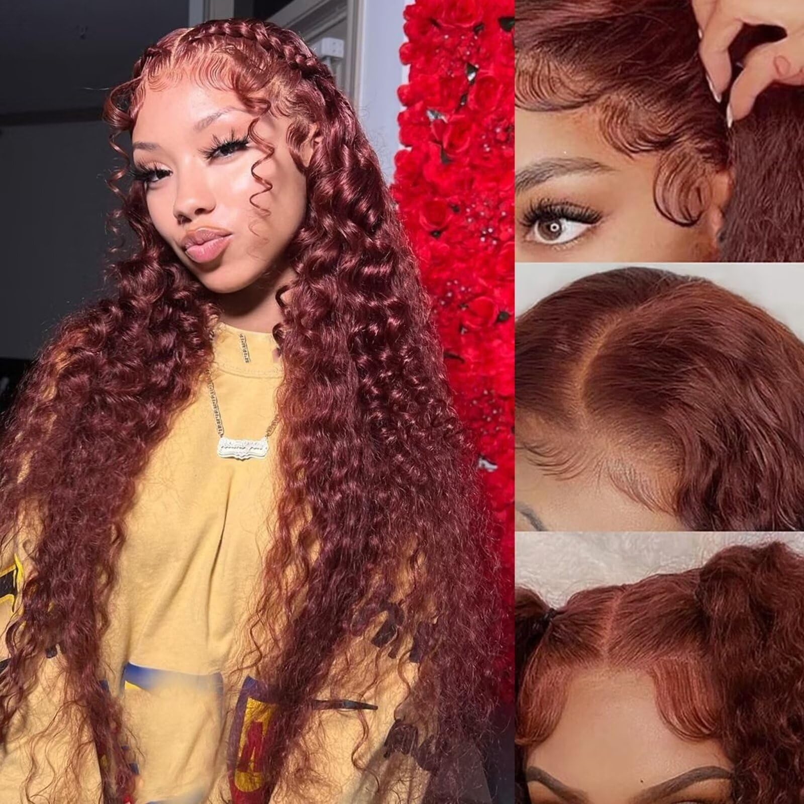 IDHERE Reddish Brown Wig Human Hair 13x4/13x6 Curly Wig 33# Color Auburn Deep Wave Human Hair Wigs