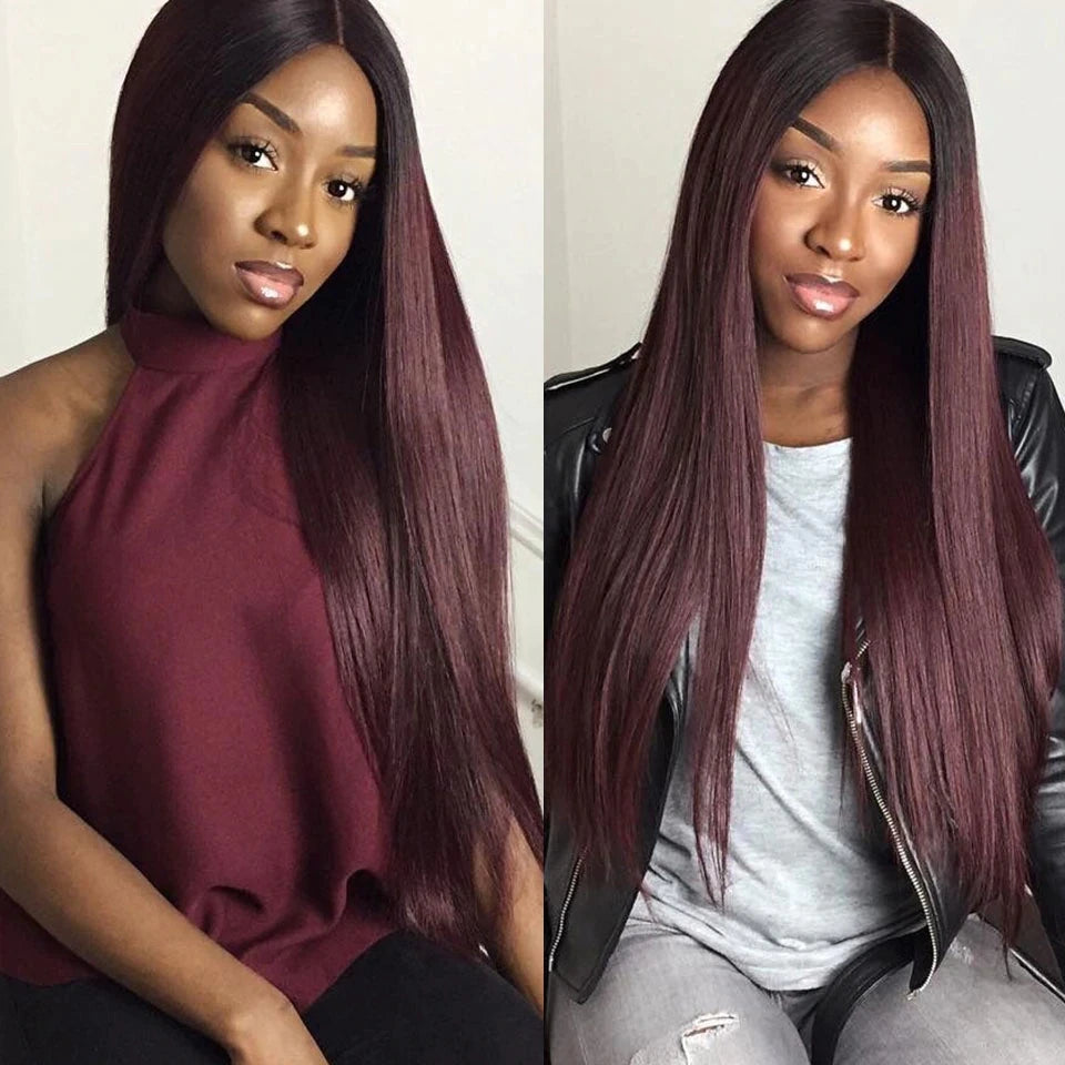 IDHERE Highlight Ombre 13x6 Straight Human Hair Wig 1B/99J Honey Blonde Lace Front Wigs