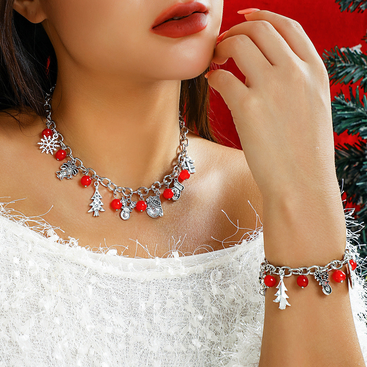 IDHERE 2PCS Christmas Tree Bell Holiday Festive Women Jewelry Necklace Bracelet Set 2024 New Arrival