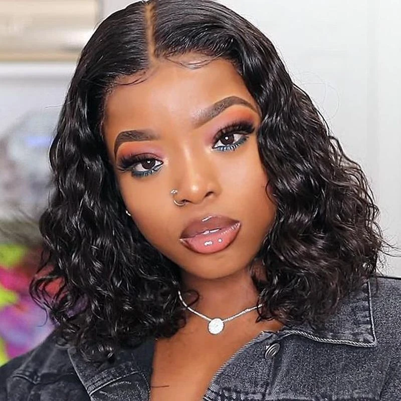 IDHERE Water Wave Short Bob Wig Human Hair Wigs 13X4 HD Transparent Blunt Cut Short Bob Lace Front Wigs