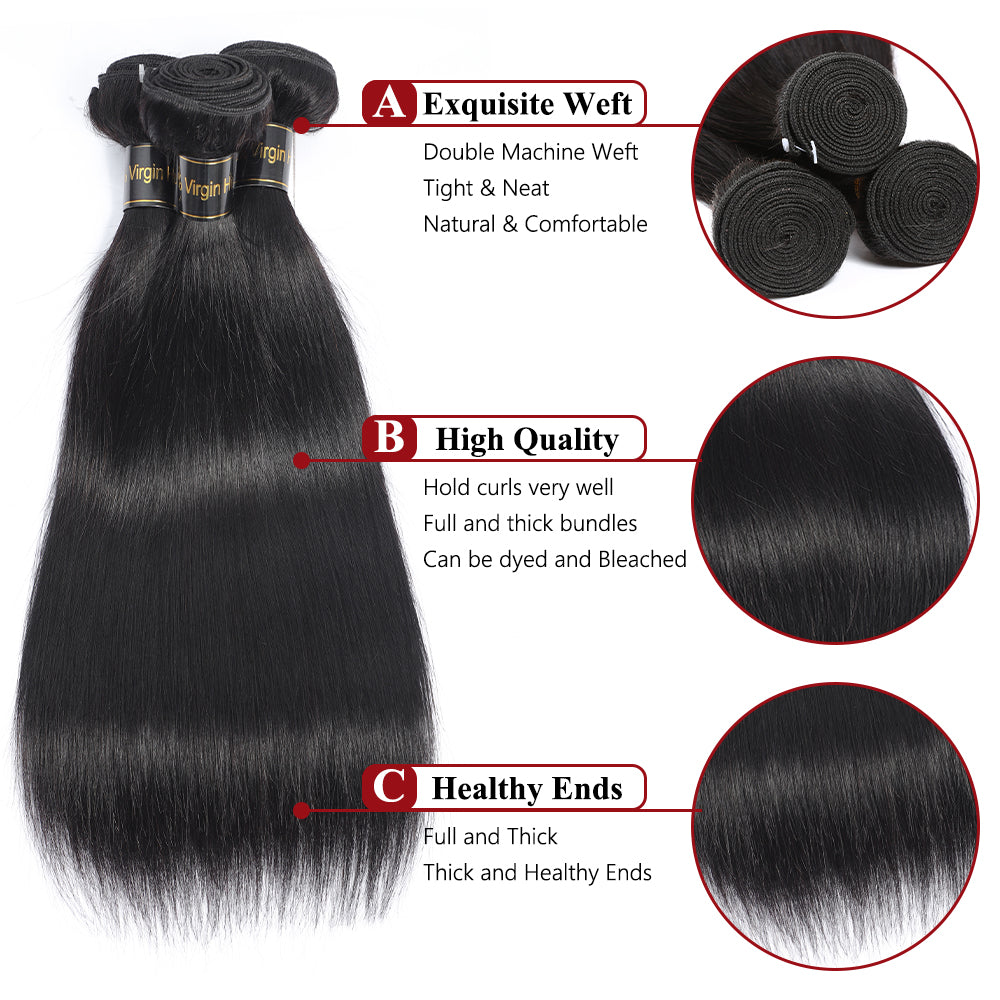 IDHERE 14A Straight Hair Human Hair Bundles 100% Unprocessed Virgin Straight Human Hair Weave 3 Bundles Hair