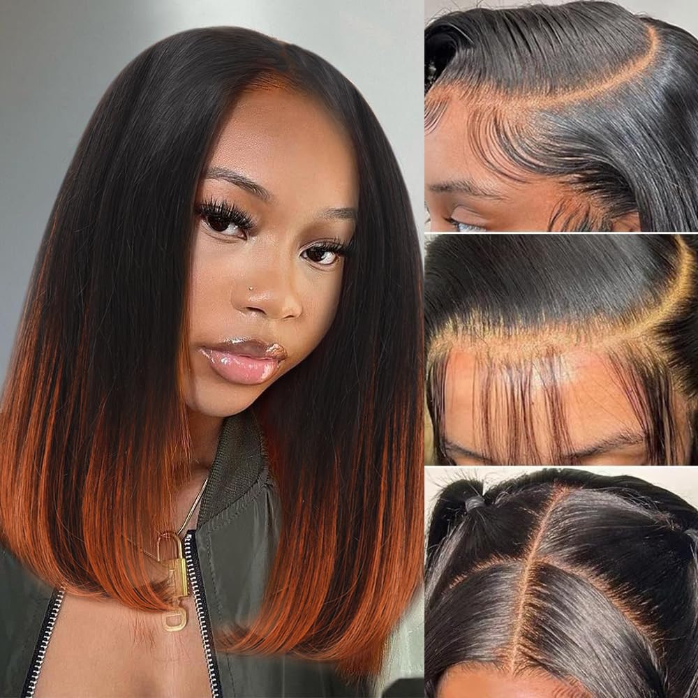 IDHERE 1B/350 Ginger Orange Ombre Short Bob Lace Front Human Hair Wig Straight Lace Closure Wigs