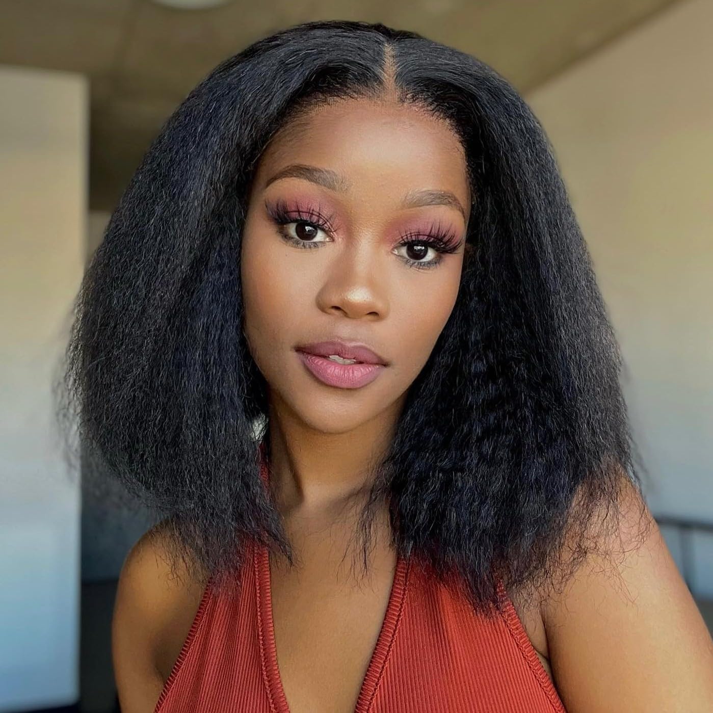 IDHERE Kinky Straight Bob Wig Human Hair Wigs Yaki 13X4 HD Transparent Short Bob Lace Front Wigs