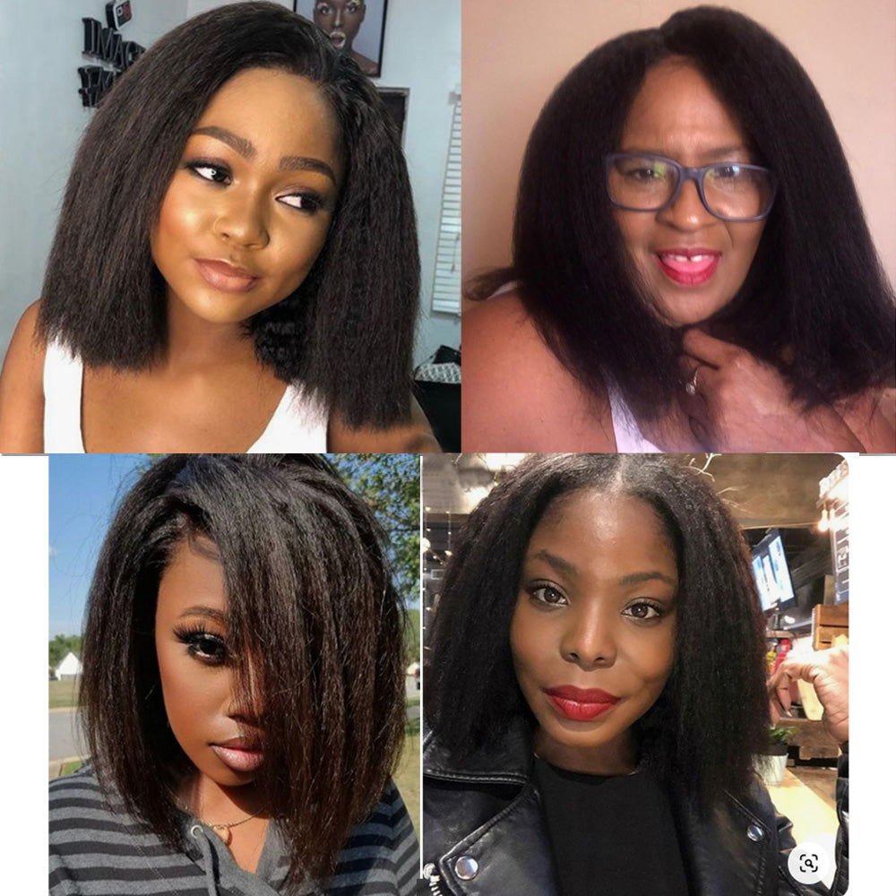 IDHERE Yaki Straight Glueless Bob 5X5 Lace Wigs Pre Plucked Kinky Straight Lace Closure Wig Virgin Human Hair 180% Density