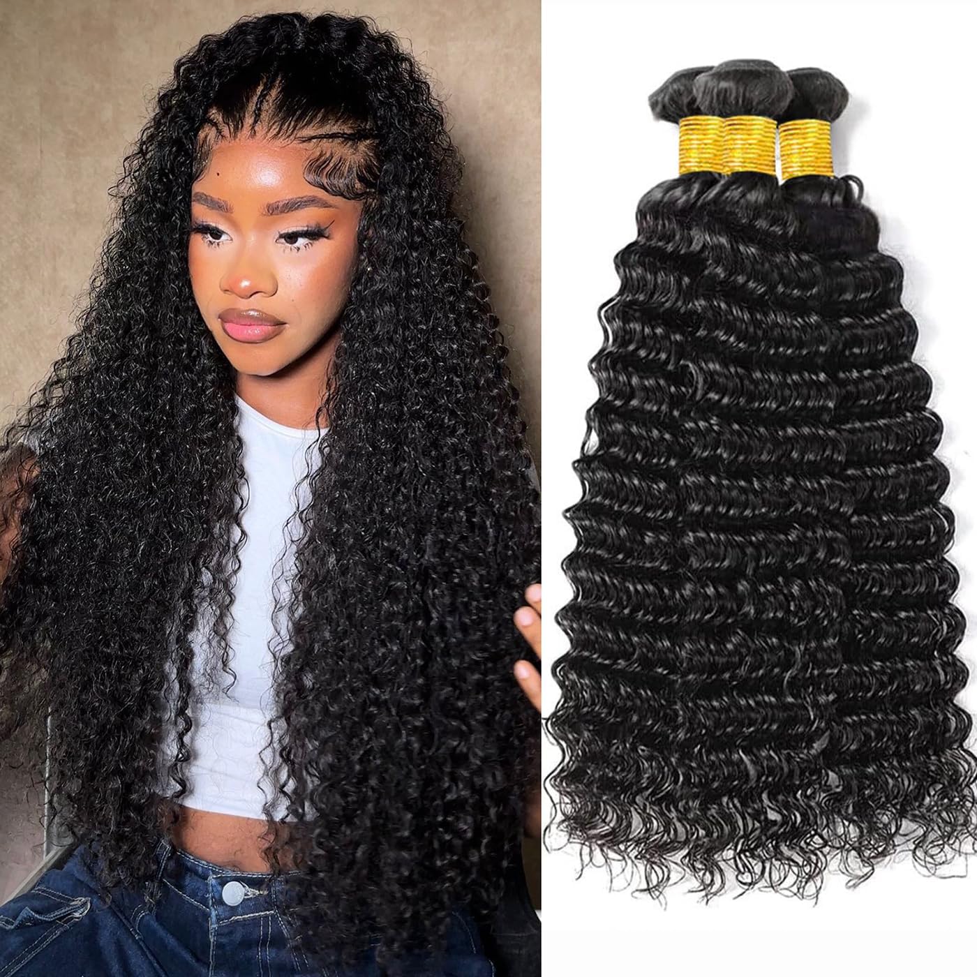 IDHERE Deep Wave Human Hair Bundles 100% Unprocessed Brazilian Virgin Remy Hair Deep Curly 3 Bundles Weft Weave Human Hair