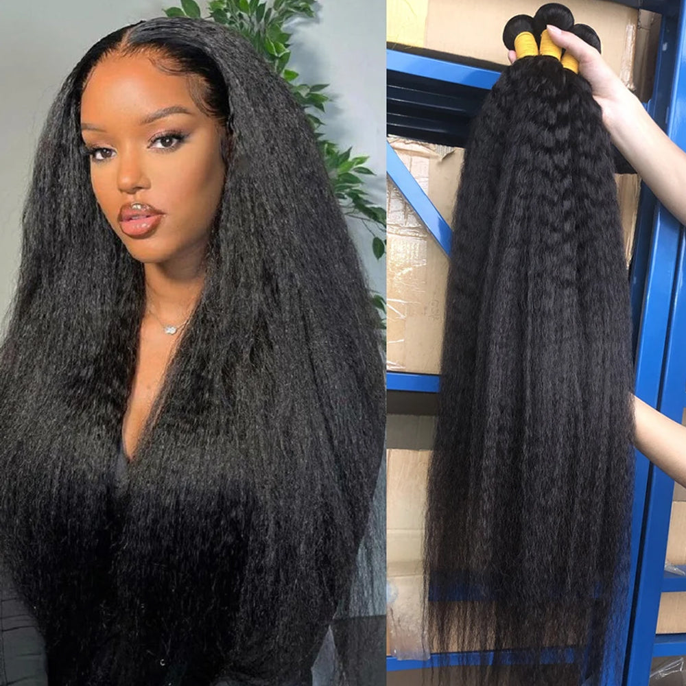 IDHERE Hair Bundles 14A Yaki Kinky Straight Human Hair 3 Bundles 100% Unprocessed Virgin Human Hair