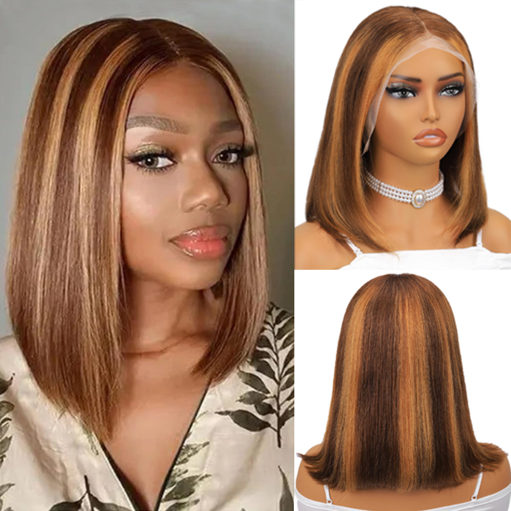 IDHERE Highlight 4/27 Ombre Bob Straight 13x4 Lace Front Ombre Real Human Hair Wigs Pre Plucked
