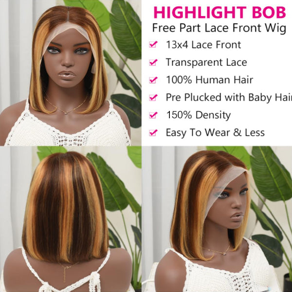 IDHERE Highlight 4/27 Ombre Bob Straight 13x4 Lace Front Ombre Real Human Hair Wigs Pre Plucked