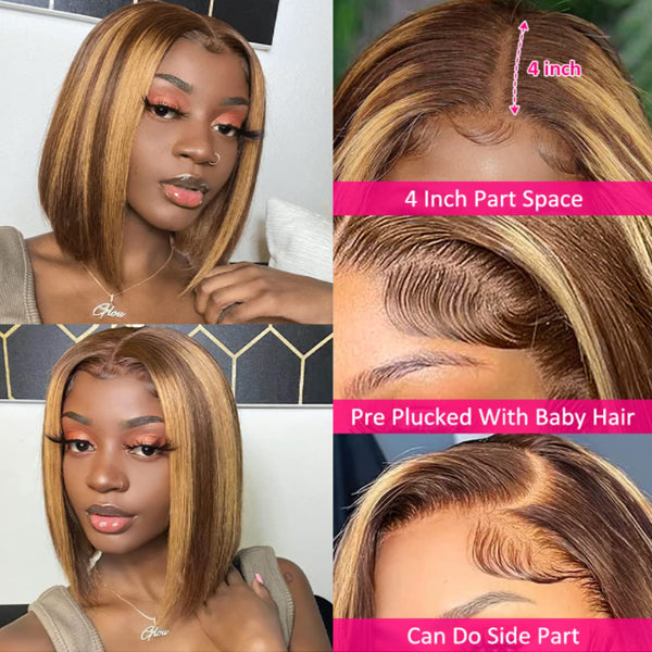 IDHERE Highlight 4/27 Ombre Bob Straight 13x4 Lace Front Ombre Real Human Hair Wigs Pre Plucked