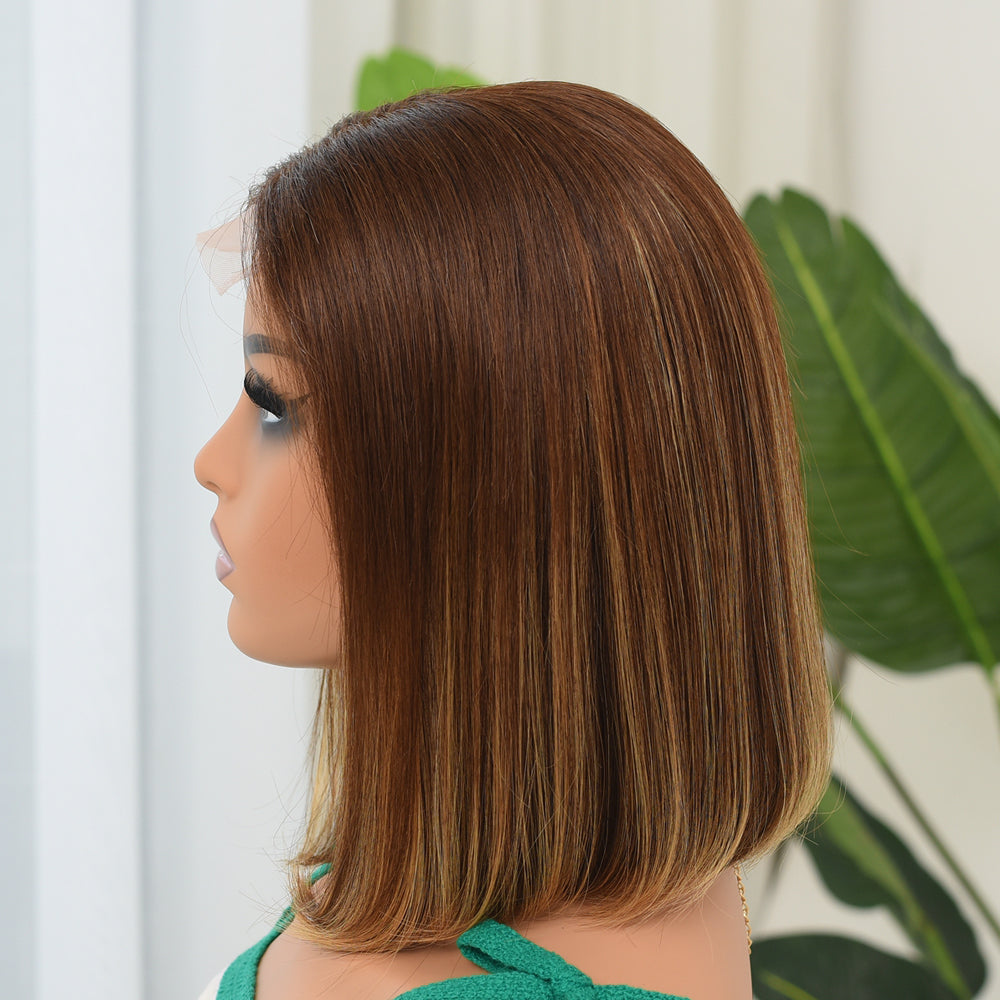 IDHERE Highlight 4x4 HD Lace Front Wigs Ombre 4/27 Human Hair Lace Closure Bob Wigs