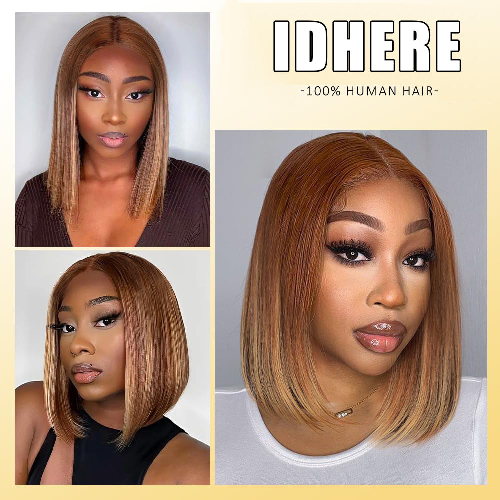 IDHERE Highlight 4x4 HD Lace Front Wigs Ombre 4/27 Human Hair Lace Closure Bob Wigs