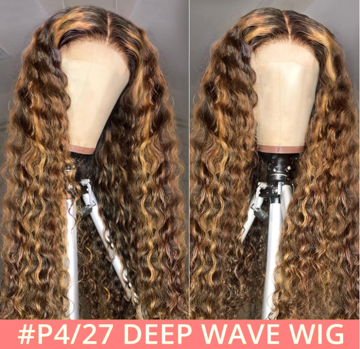 IDHERE Highlight Lace Front Wigs Deep Wave #4/27 Ombre Colored Curly Water Wave Lace Human Hair Wig