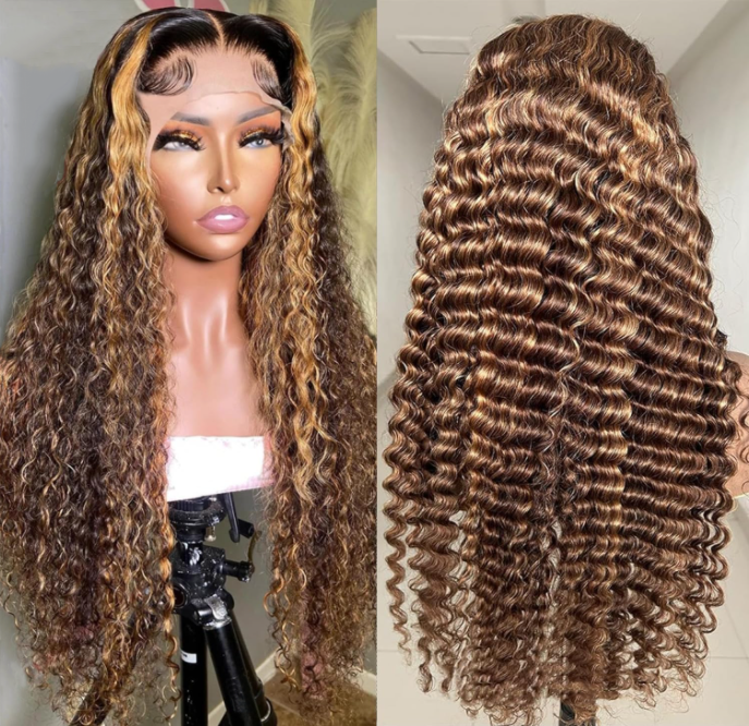 IDHERE Highlight Lace Front Wigs Deep Wave #4/27 Ombre Colored Curly Water Wave Lace Human Hair Wig