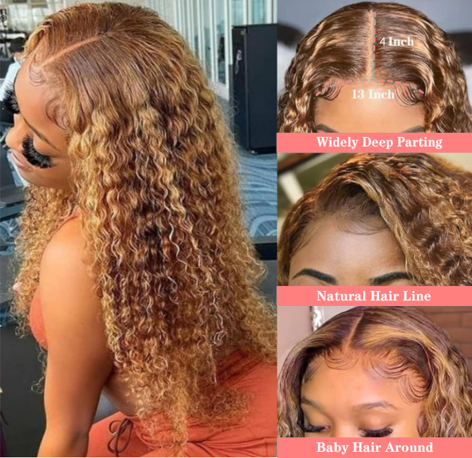 IDHERE Highlight Lace Front Wigs Deep Wave #4/27 Ombre Colored Curly Water Wave Lace Human Hair Wig