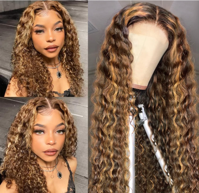 IDHERE Highlight Lace Front Wigs Deep Wave #4/27 Ombre Colored Curly Water Wave Lace Human Hair Wig