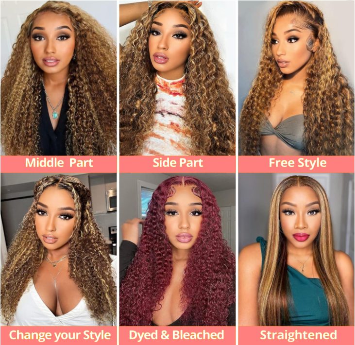 IDHERE Highlight Lace Front Wigs Deep Wave #4/27 Ombre Colored Curly Water Wave Lace Human Hair Wig