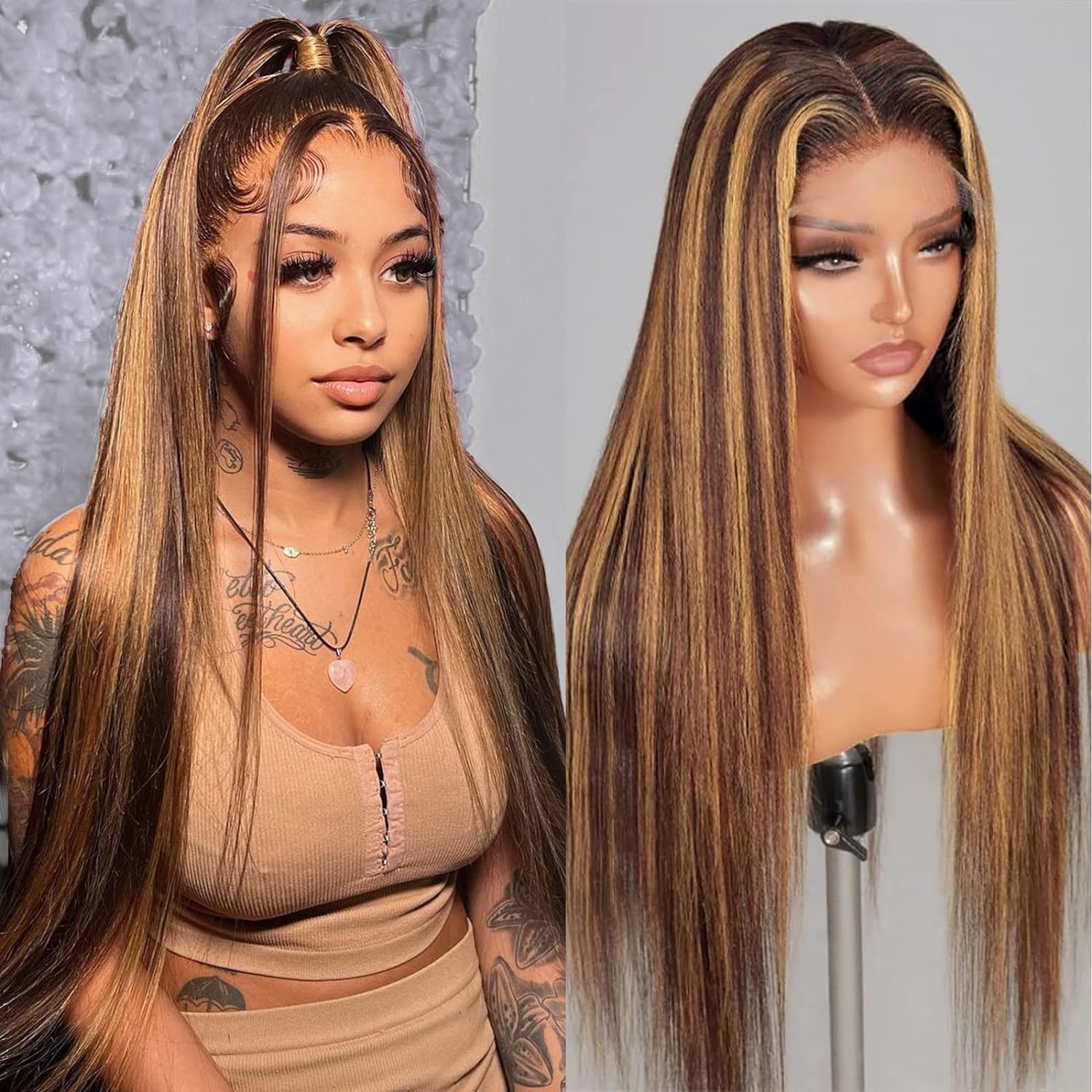 IDHERE Highlight Ombre 13x6 Straight Human Hair Wig 4/27 Honey Blonde Lace Front Wigs Pre Plucked