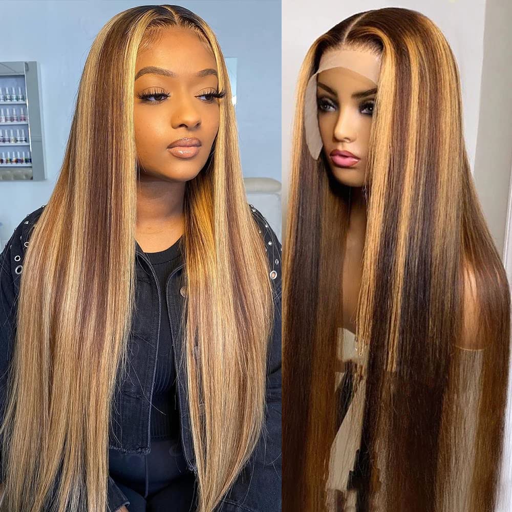 IDHERE Highlight Ombre 13x6 Straight Human Hair Wig 4/27 Honey Blonde Lace Front Wigs Pre Plucked